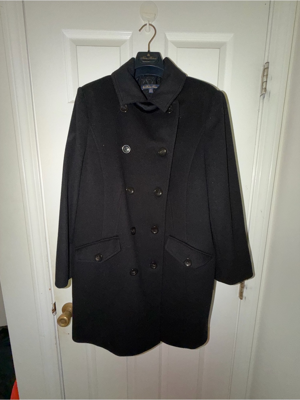 Brooks Brothers Black Double-Breasted Wool Pea Coat with Throat Latch